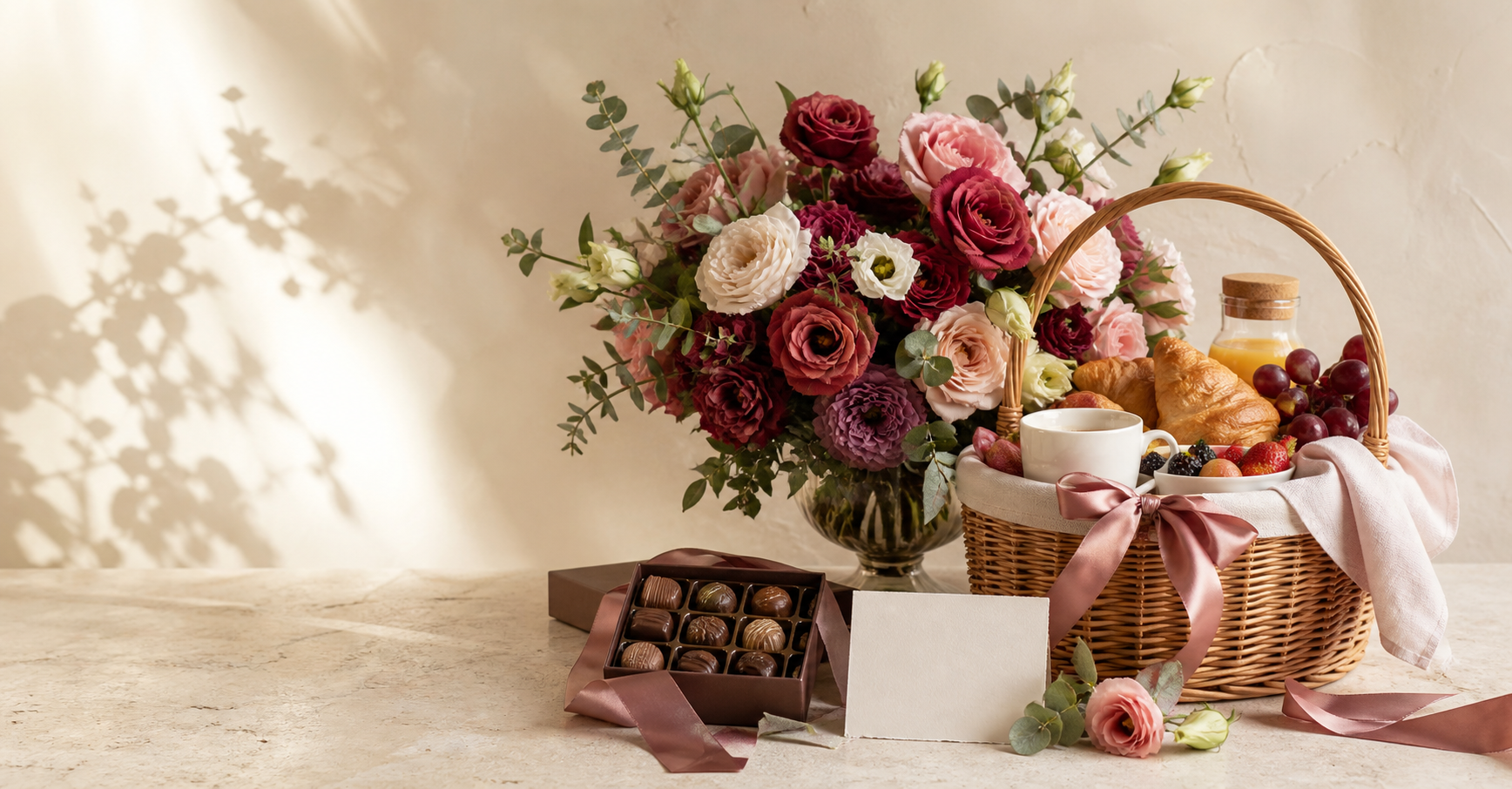 Buquê em tons rosados, cesta de café da manhã e chocolates sobre uma mesa clara